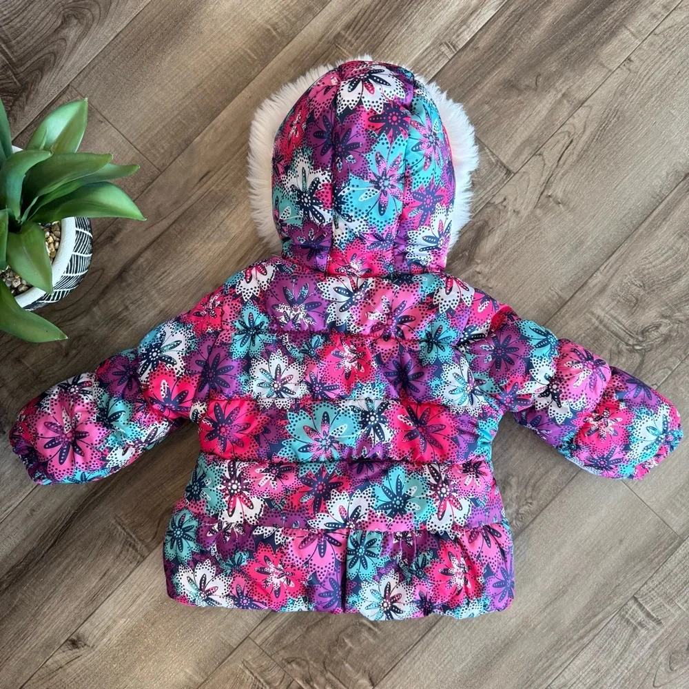 London fog pink floral toddler puffer coat with hood size 12M